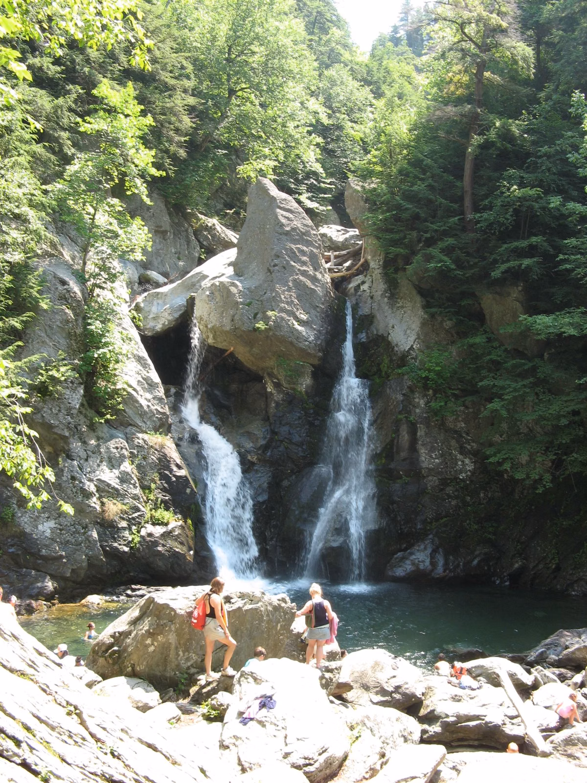 Bash Bish Falls splitting around a boulder into a pool in a rocky gorge